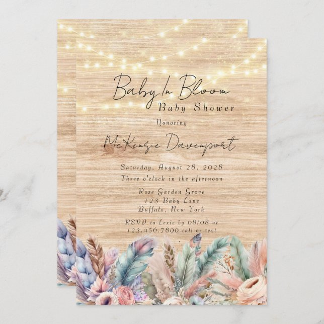 Convites Boho Baby In Bloom Chá de fraldas (Frente/Verso)