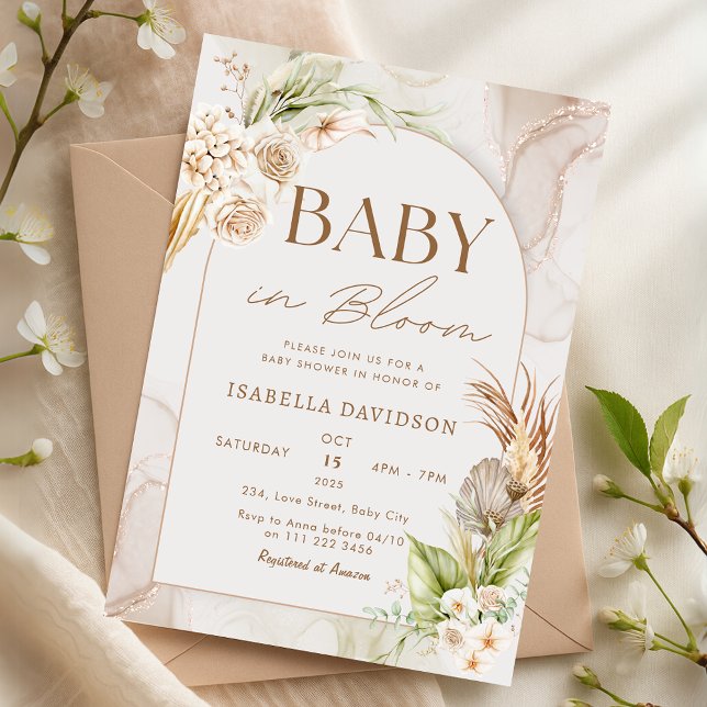 Convites Boho Baby in Bloom Chá de fraldas Pampas Floral (Boho Baby in Bloom Baby Shower Pampas Floral Invitation)