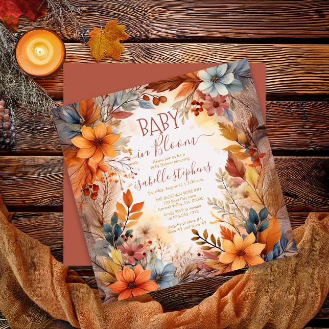 Convites Boho Baby in Bloom Fall Floral Frame Baby Shower (Boho Baby in Bloom Fall | Autumn Floral Frame Baby Shower Square Invitation - Print | Digital )