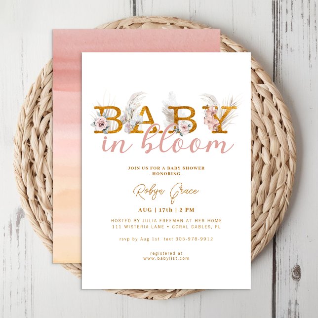Convites Boho Baby in Bloom Pampas Chá Invance (Gold Boho Baby In Bloom)