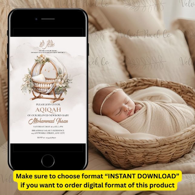 Convites Boho Baby Nursery Aqiqah Unisex Muslim Newborn (Criador carregado)