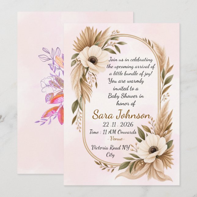 Convites Boho Baby Shower Invitation Template  (Frente/Verso)