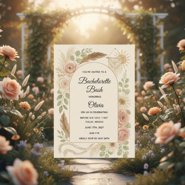 Convites Boho Bachelorette Bash Invitation | Neutral Floral (Criador carregado)