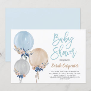Convites Boho balões chás de fraldas azuis empoeirados
