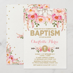 Convites Boho Baptism Invite Dreamcatcher Floral Dourada Ro