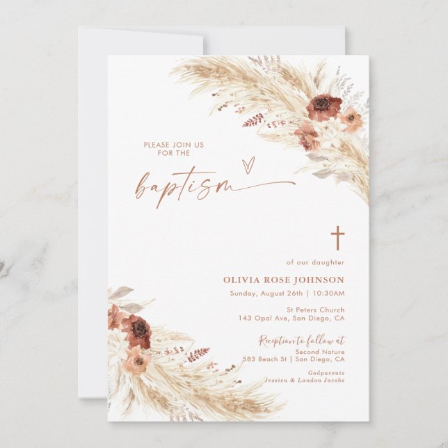 Convites Boho Baptism Invite, Pampas Grass Boho Christening (Frente)