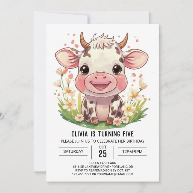 Convites Boho Barnyard Pink Cow Birday (Frente)
