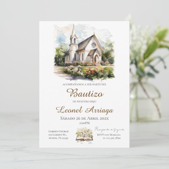 Convites Boho Batismo em espanhol com igreja  (Em pé/Frente)