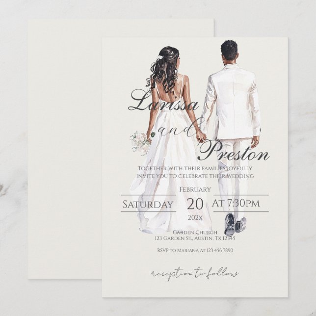 Convites Boho bege com casamento de noiva e noivo (Frente/Verso)