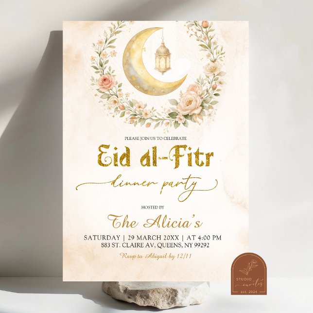 Convites Boho Bege Floral Crescente Ramadan Eid Al-Fitr (Criador carregado)