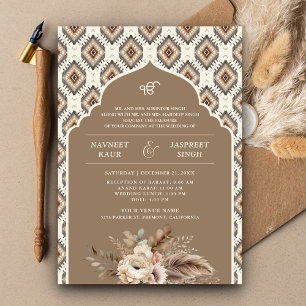 Convites Boho Bege Marfim Ikat Anand Karaj Casamento Sikh