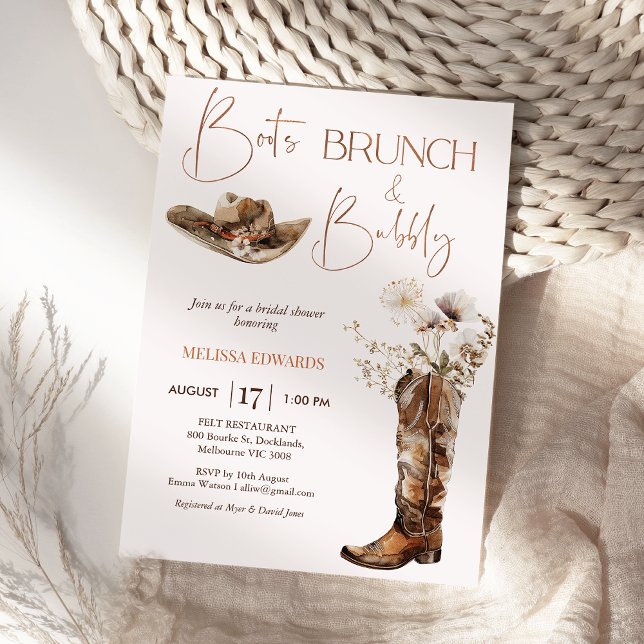 Convites Boho Beige Boots Chá de panela de espuma de Brunch (Boots Brunch and Bubbly Bridal Shower Invitation Template, Wildflowers Cowgirl Boots Bridal Shower )