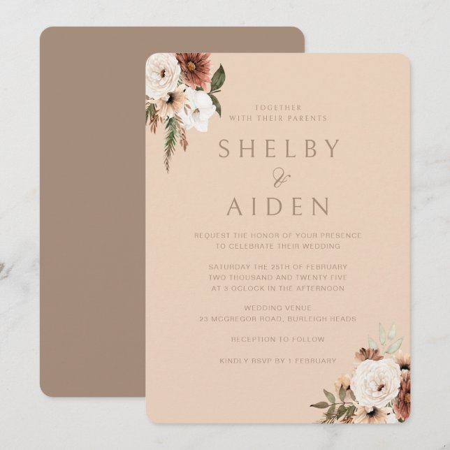 Convites Boho Beige Casamento Neutro Floral Minimalista (Frente/Verso)