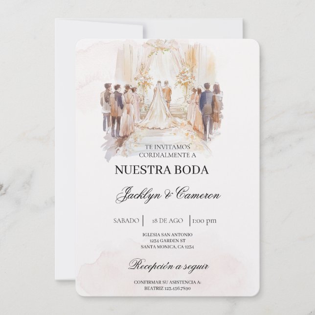 Convites Boho beige com noiva Casamento espanhol (Frente)