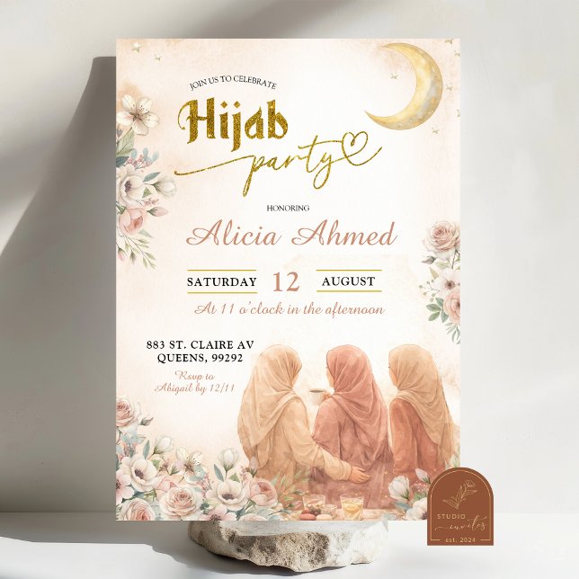 Convites Boho Beige Floral Hijab Party (Criador carregado)