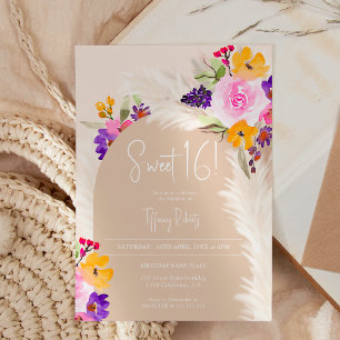 Convites Boho beige floral pampas ártico deserto Sweet 16