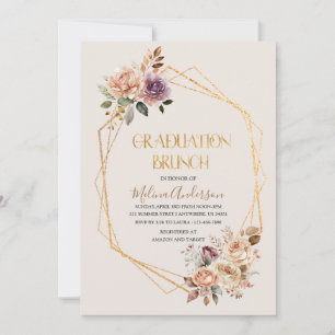 Convites Boho Beige Flores douradas graduação em aquarela b