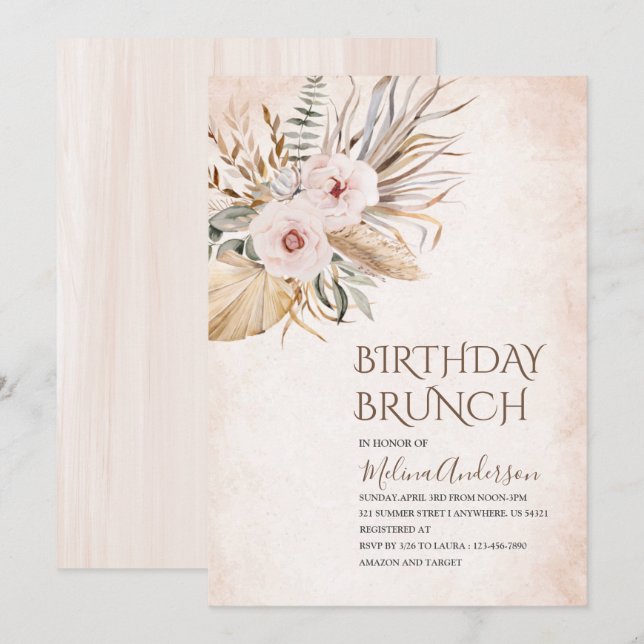 Convites Boho Beige Flower aquarela brunch (Frente/Verso)