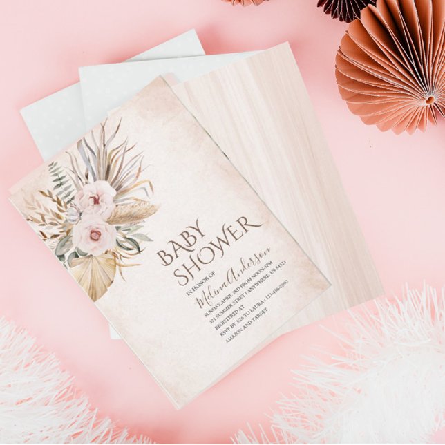 Convites Boho Beige Flower chá de fraldas de aquarela (Criador carregado)