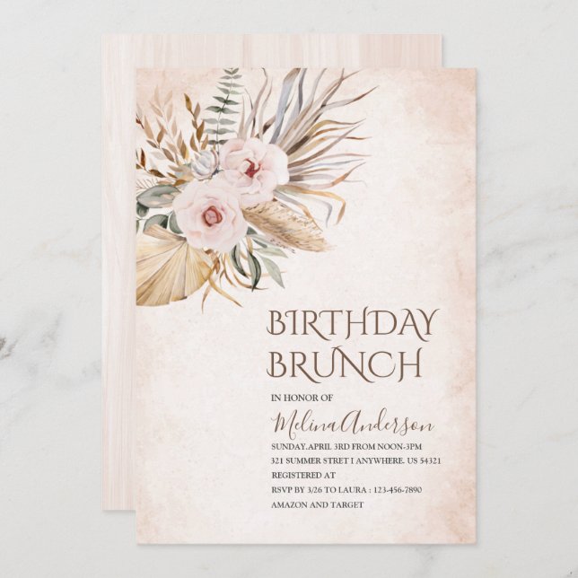 Convites Boho Beige Flower Watercolor Brunch (Frente/Verso)