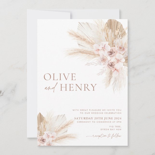 Convites Boho Beige Flowers Pampas Invitation OLIVE (Frente)