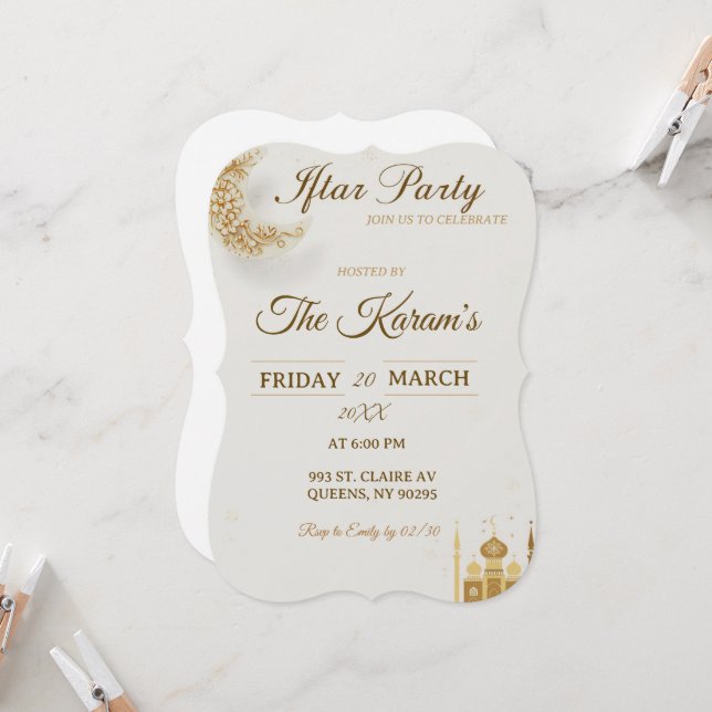 Convites Boho Beige Minimalist Mosque Ramadan Iftar Party  (Frente/Verso In Situ)