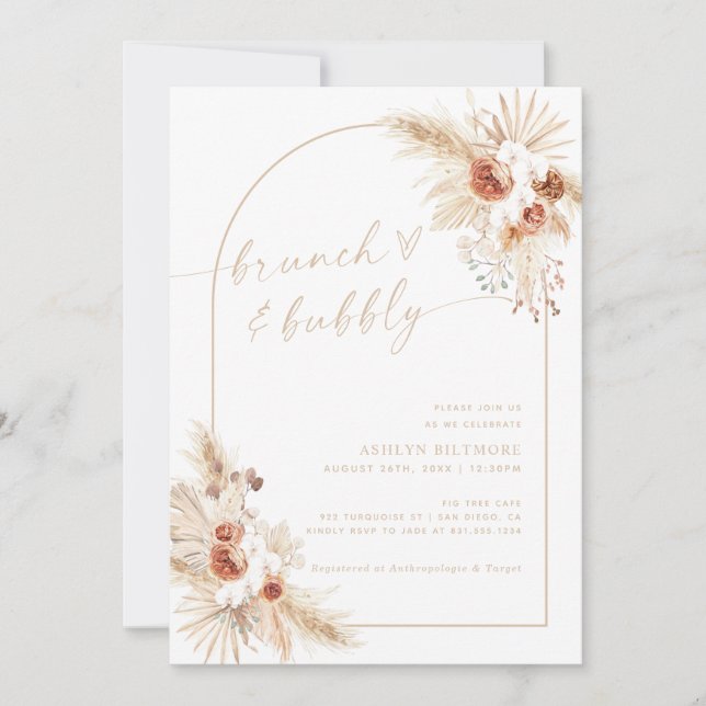 Convites Boho Beige Pampas Grass Bridal Brunch (Frente)