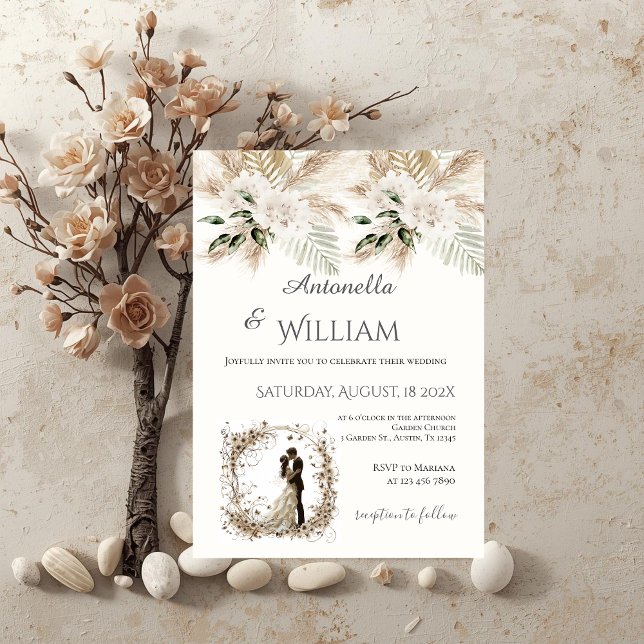 Convites Boho beige with bride and groom wedding (Criador carregado)