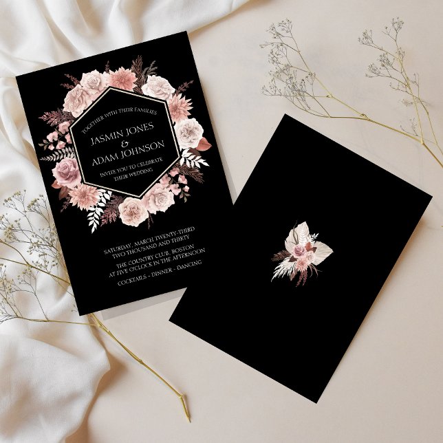 Convites Boho Black Dusty Flowers Secos Cor-de-Rosa Fiducio (Boho Black Dusty Pink Dried Flowers Wreath Wedding Invitation)