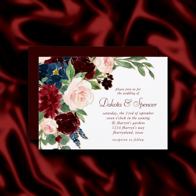 Convites Boho Bloom | Elegante Vermelho Borgonha e Marinho  (Criador carregado)