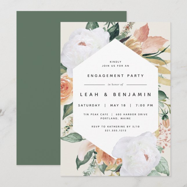 Convites Boho Blooms | Festa de noivado Floral Moderna (Frente/Verso)