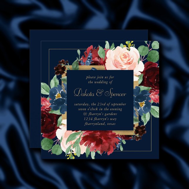 Convites Boho Blooms | Marinho escuro, azul e borgonha (Criador carregado)