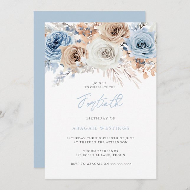 Convites Boho Blue aniversário de 40 anos (Frente/Verso)