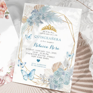 Convites Boho Blue Butterfly Geométrica Quinceañera