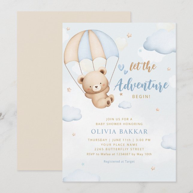 Convites Boho Blue Deixe a aventura começar o chá de fralda (Frente/Verso)