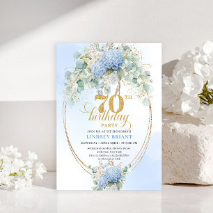 Convites Boho Blue Hortênsias Eucalipto Dourado Aniversário