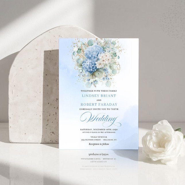 Convites Boho Blue Hydrangea Gold Floral Wedding Invitation (Boho Blue Hydrangea Gold Floral Wedding Invitation)