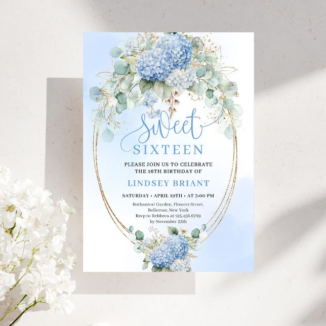Convites Boho Blue Hydrangea Gold Sweet Sixteen Invitation (Boho Blue Hydrangea Gold Sweet Sixteen Invitation)