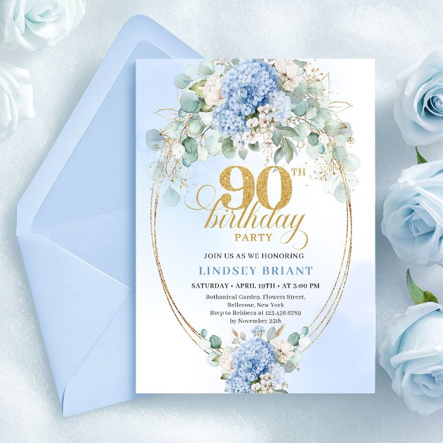 Convites Boho Blue Hydrangea Greenery 90th Birthday Invite (Boho Blue Hydrangea Greenery 90th Birthday Invite)