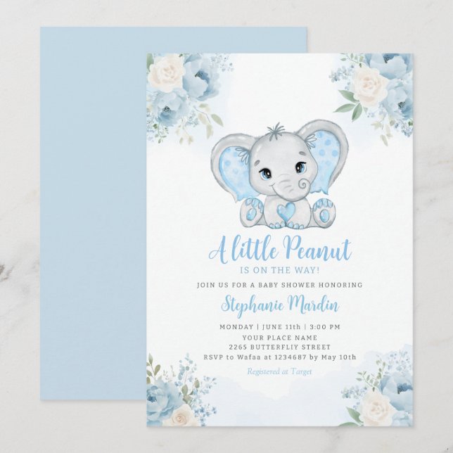 Convites Boho Blue Watercolor Boy Elephant Baby Shower (Frente/Verso)