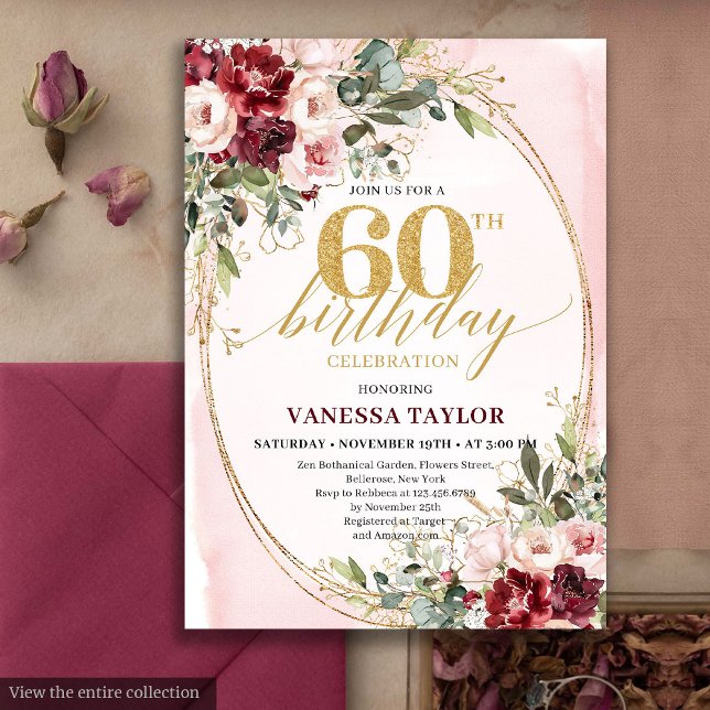 Convites Boho Blush and Gold Burgundy 60th Birthday Card (Boho Blush and Gold Burgundy 60th Birthday Card)