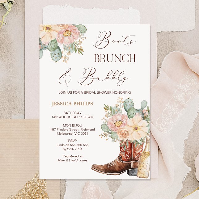 Convites Boho Blush Boot Chá de panela de espuma de Brunch (Floral Boots Brunch and Bubbly Bridal Shower Invitation Template, Cowgirl Boots Bridal Shower Bottle)