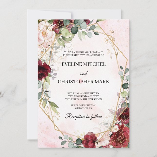 Convites Boho blush burgundy casamento geométrico (Frente)