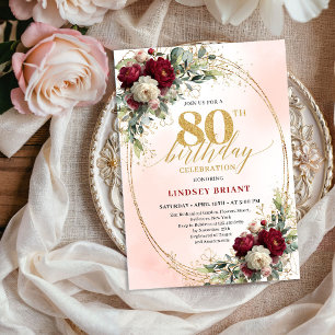 Convites Boho Blush Burgundy Flores 80º Aniversário