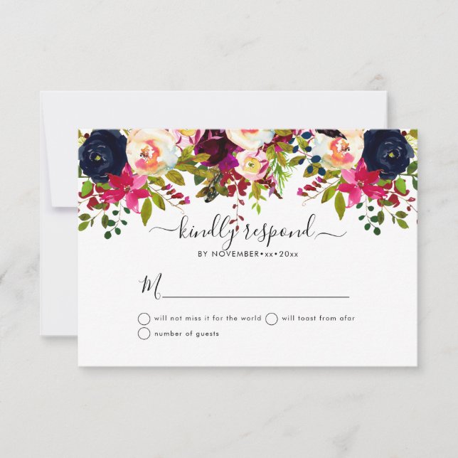 Convites Boho Blush+Burgundy Watercolor Flowers RSVP (Frente)