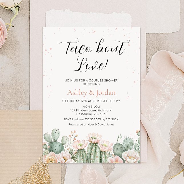 Convites Boho Blush Cactus Taco sobre Casais de amor Bridal (Light Blush Floral Taco 'bout Love Couples Bridal Shower Invitation, Flowering Cactus Fiesta Theme)