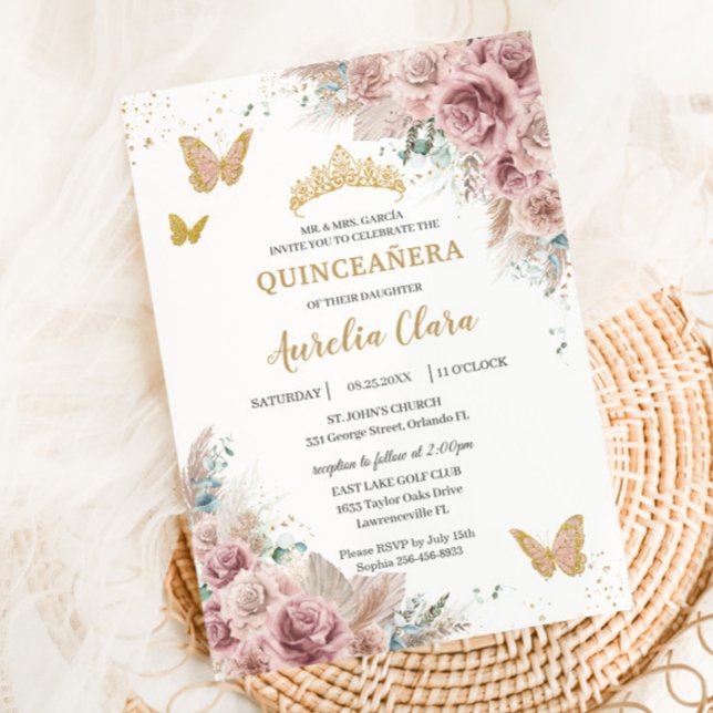 Convites Boho Blush Dusty Rosa Floral Pampas Quinceañera (Criador carregado)