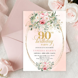 Convites Boho Blush Floral Gold Frame Minimal 90th Birthday