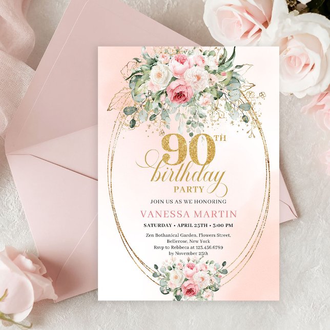 Convites Boho Blush Floral Gold Frame Minimal 90th Birthday (Chic Blush Roses Greenery 90th Birthday Celebration Invite)