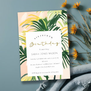 Convites Boho Blush Green Palm Tropical Sweet 16 Aniversári